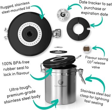 Контейнер для кави Coffee Gator з нержавіючої сталі, герметичний, з датою відкриття, клапаном CO2, мірною ложкою, для кавових зерен, меленої кави, горіхів, чаю, цукру, борошна, у подорожах, срібний, M/Mini