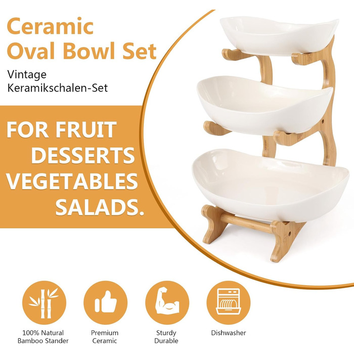 Багатоярусна фруктова миска з кераміки для кухні, 3 яруси, з дерев'яними підставками, для овочів, фруктів, снеків, декор
