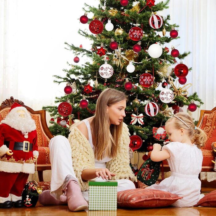 44 штуки новорічних кулі пластикові, набір прикрас для ялинки, персоналізовані кулі для ялинки білі та червоні, новорічний декор для ялинки, зовнішній та внутрішній декор білий та червоний