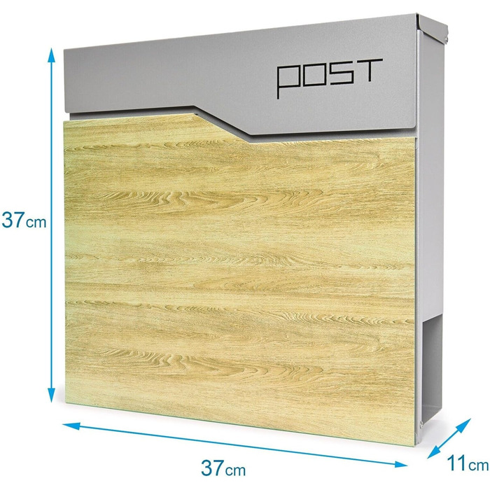 Поштова скринька Verda Anthracite з газетницею, порошкове покриття AkzoNobel, 2 ключі, табличка з іменем, персоналізована, дизайнерська настінна поштова скринька з нержавіючої сталі (срібло з виглядом дерева)