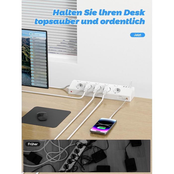 Мережевий адаптер PASSUS 5-fach з 2 USB-C (PD 30W), захист від перенапруги, індивідуальне вмикання, 10-в-1, кабель 2м, чорний