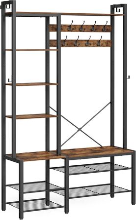 VASAGLE Coat Rack with Shoe Bench, Coat Rack, 5 Shelf Levels made of Particleboard, 9 Triple Hooks, 6 Side Hooks, 40 x 120 x 190 cm, Stone Gray-Ink Black HSR426B04 (Vintage Brown + Ink Black)