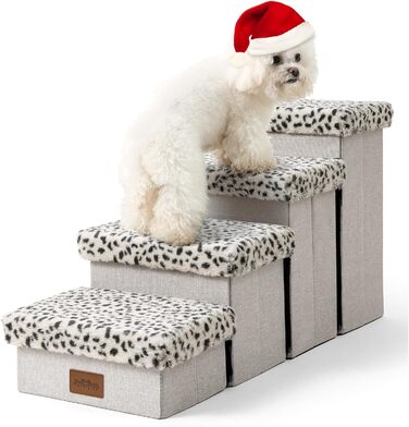 Pet Stairs for Small Dogs with Storage, Dog Stairs Folding for Bed Couch, Dog Stairs Dog Ramp with Non-Slip Bottom, Leak-Proof, Up to 80kg, 33x84x45cm, 4 Steps, Leopard