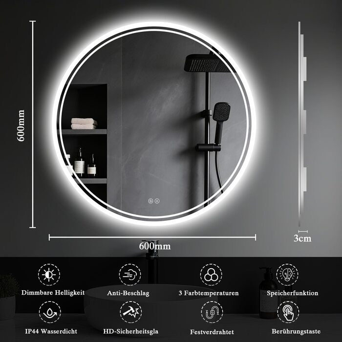 Дзеркало для ванної кімнати з підсвічуванням LED, антизапар, сенсорне управління, регулювання яскравості, 3 кольори світла, функція пам'яті, захист від вибуху, кругле, діаметр 50 см, 60x60 см