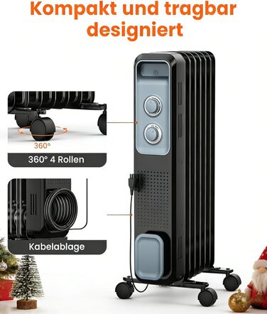 Масляний радіатор COWSAR з економним споживанням енергії, швидким нагрівом, 3 режими, захист від перекидання та перегріву, 1200W, для вітальні та спальні, чорний