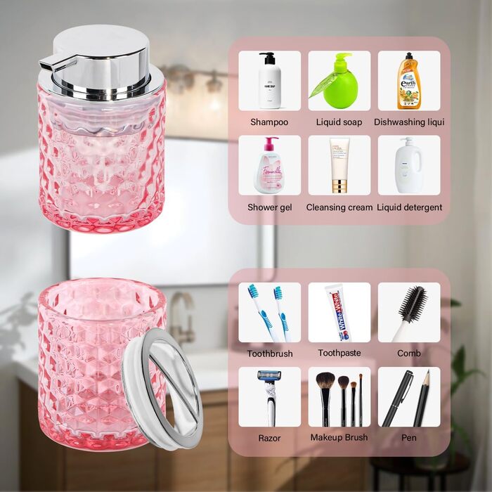 Pink bathroom accessory set made of glass, including a toothbrush holder, soap dispenser, and cup, a foaming soap dispenser, and a toothbrush holder, 3 pink bathroom cups for brush, toothpaste.
