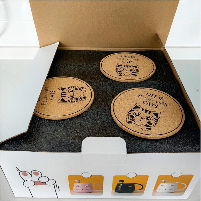 Set of 3 Cat Cups - Cute Ceramic Cat Cups with Lid, Spoon, and Coaster. Cat Coffee Mug for Women, Kids, 380ml. Christmas, Birthday Cat Gift Mug (Black, White, Pink)