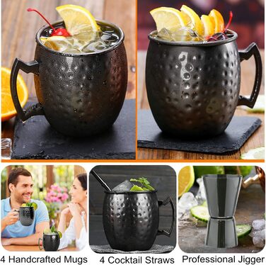 Moscow Mule Mug Set, 4-Piece, Gunmetal Black 550ml, Moscow Mule Mug with 4 Cups, 4 Straws, 1 Measuring Cup for Cold Drinks, Beer, Gin, Vodka, Cocktails, and Water Enjoyment