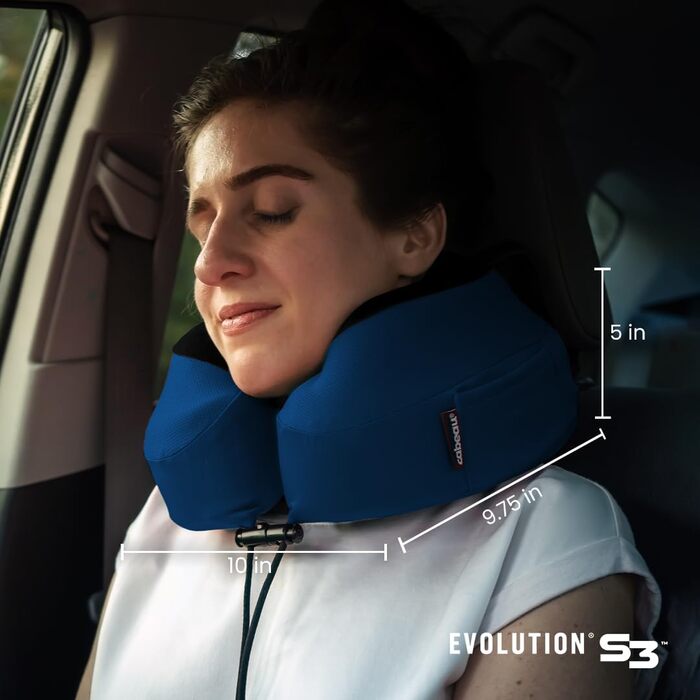 Дорожня подушка Cabeau Evolution S3 з ременями для кріплення до сидіння літака, підтримка шиї, ортопедична з м'якої пам'ятної піни, швидковисихаюча тканина, індиго