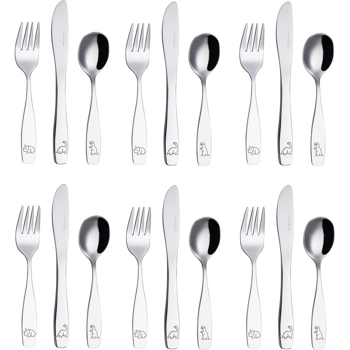 Набір дитячого столового приладдя EXZACT Kinderbesteck Set 18-ти частинний з нержавіючої сталі, від 2 років, безпечні ножі, 6 виделок, 6 ножів, 6 ложок (Dino X 18)