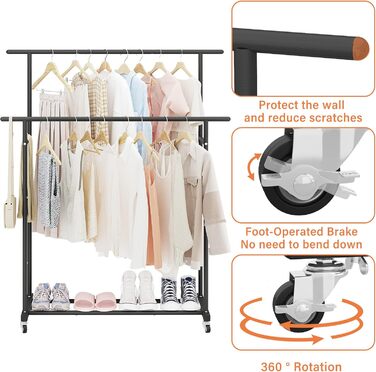 Clothes Rack with Double Rod, Rolling Clothes Rack, Portable Clothes Rack for Bedroom, Living Room, Clothing Store (Black)