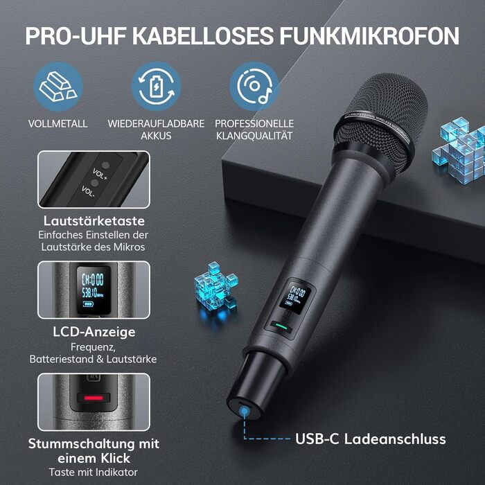 TONOR TW550 Бездротовий мікрофонний комплект з функцією автосканування, PRO-UHF, 2 мікрофони, 80 м радіус дії, 6,35 мм/3,5 мм, для караоке, вечірок, церкви, DJ