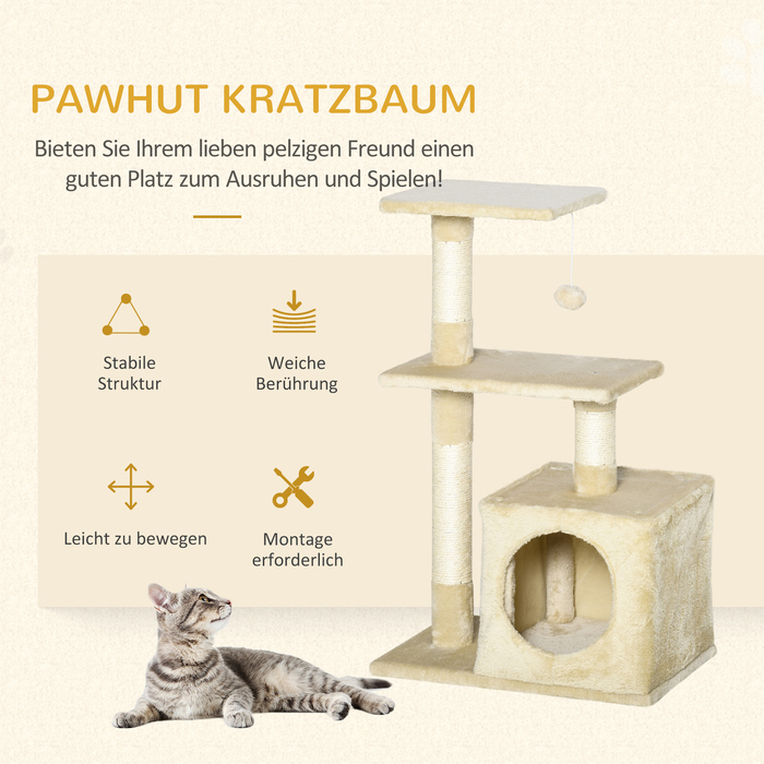 PawHut Дряпкач з сизалю, кігтеточка з платформами, спляча печера, дряпальна дошка, стабільний, будиночок для котів у приміщенні, 50x30x80 см | Aosom