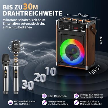 Караоке-система JYX з 2 бездротовими мікрофонами UHF, Bluetooth-колонкою з регулюванням басів/високих частот та LED-підсвіткою, підтримка PA-системи TWS, AUX, FM, запис. Для вечірок, дорослих та дітей. Чорний колір.