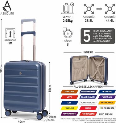 Ручний багаж Aerolite 55x40x20/23 см (розширюваний) з 4 колесами, блакитний | Підходить для Lufthansa, Eurowings, Condor, Wizz Air