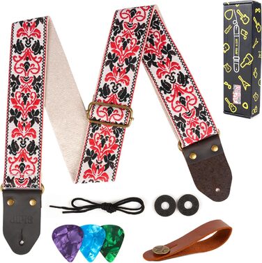 Гітарний ремінь Jacquard з вишитою бавовною та шкіряними кінцями для акустичної гітари (Gs-75-5, 5 метрів, червоний)