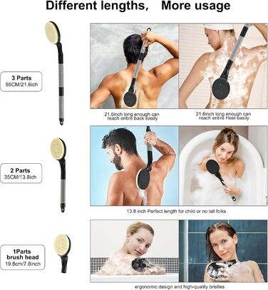 Щітка для спини з довгою ручкою для душу, 55,1 см, чорна. Ідеально для людей похилого віку та з обмеженою рухливістю рук. Для скрабу та здорової шкіри.