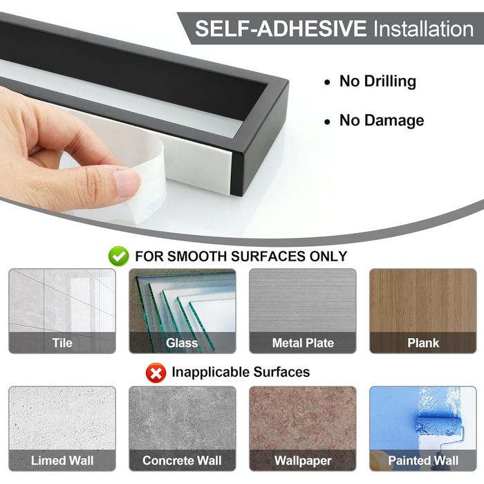 Тримач для рушників SAYAYO без свердління, самоклеючий, нержавіюча сталь, 40 см, чорний (EGOY23030-3M-300-B)