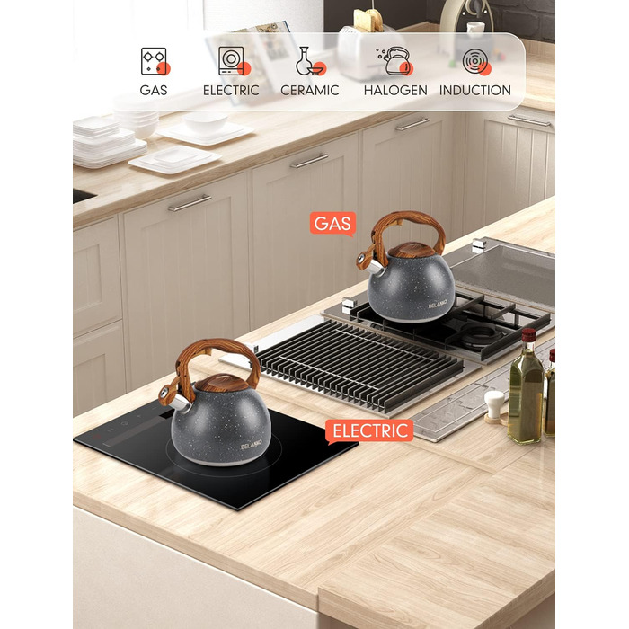 Чайник BELANKO з нержавіючої сталі 2.7л з дерев'яною ручкою, свисток, для плити, індукції, дизайн 