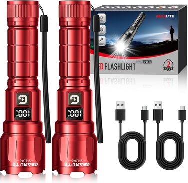 LED ліхтарик Gearlite, 6000 люмен, тактичний, з регулюванням фокусу, 3 режими, водонепроникний IP65, для кемпінгу, риболовлі, туризму, надзвичайних ситуацій (червоний, 1 шт.)