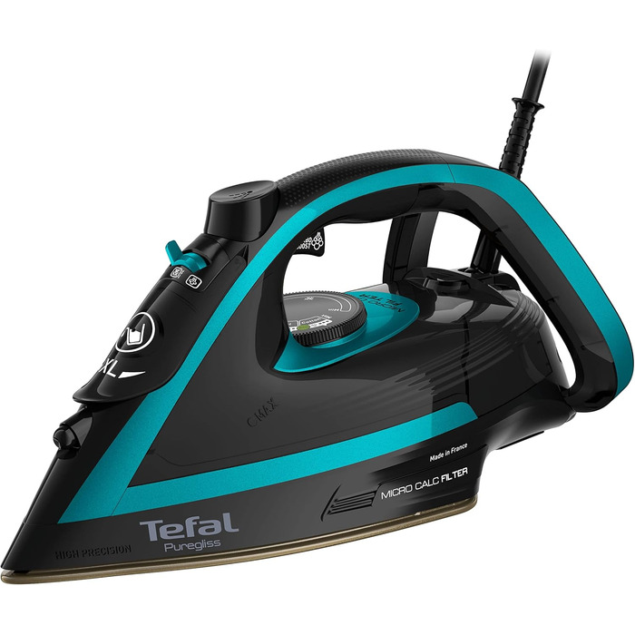 Tefal FV8066 Puregliss Steam Iron | 280 g/min Steam Boost | Vertical Steam | XL Water Filling Opening | Stable Rest | Anti-Scale System | Drip Stop | Auto Shut-Off | Black/Turquoise Black / Turquoise