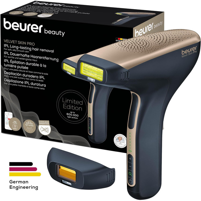 Beurer IPL Velvet Skin Pro: Апарат для епіляції IPL, акумуляторний, для тіла, обличчя, бікіні-зони, з додатком, чорний