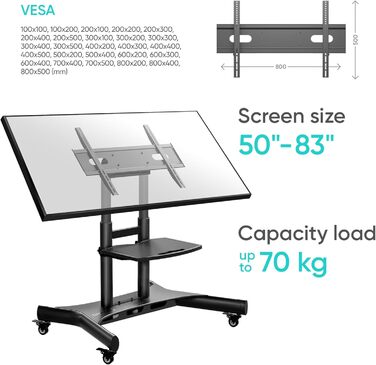 ONKRON Mobile TV Stand with Wheels - Adjustable Height & Tilt for 32-70 inch TVs up to 45kg, VESA 600x400 - Black TS1350-B