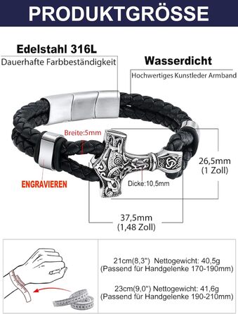 Чоловічий шкіряний браслет Bandmax Mjölnir/Totenkopf/Freimaurerei з гравіюванням, магнітна застібка, 23 см
