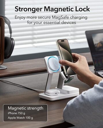 Зарядний пристрій ESR 65W GaN 6-в-1 з підтримкою MagSafe, білий. Сумісний з iPhone 17/16/15/14/13/12, Apple Watch, AirPods та USB A/C пристроями