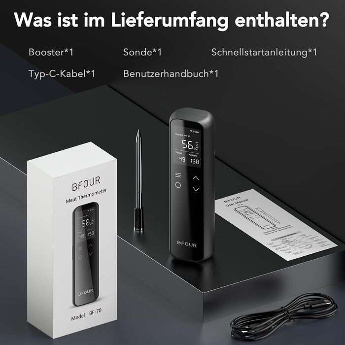 Бездротовий термометр для м'яса з Wi-Fi, LCD-базою та Bluetooth, ±0,5°C, BF-70