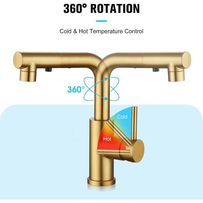 Кран кухонний CREA з 3 функціями: душ, висувний вилив, поворот на 360°, матовий золотий