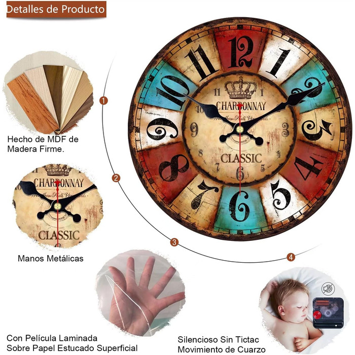 VIKMARI Quartz Wall Clock Wood Silent Hanging Clock, Battery-Powered Round Rustic Clock, Easy to Read Vintage Indoor Wall Clock || 14' (Colorful Arabic Numerals, 30 cm)