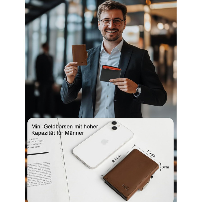 GSG SINCE 1998 Men's Leather Wallet, Slim Wallet with Coin Pocket & RFID Protection Card Holder Portomonee for 9-10 Cards, Slim Wallet for Men brown