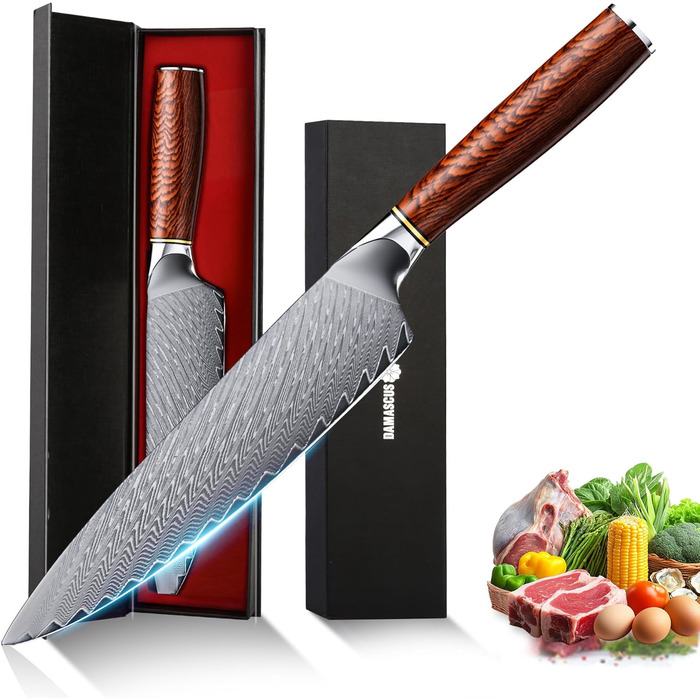Японський професійний кухонний ніж Hoforife 20 см з дамаської сталі VG10 з ергономічною ручкою з дерева в подарунковій коробці