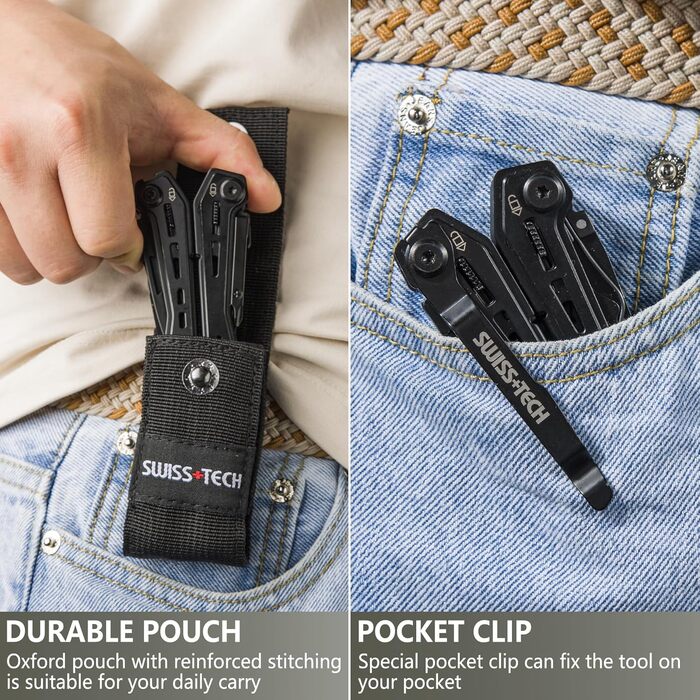 Мультитул Swiss+Tech 16 в 1 з нержавіючої сталі, мультифункціональний інструмент з ножем, відкривачкою та кліпсою для ременя, для кемпінгу та ремонту, з чохлом, чорний