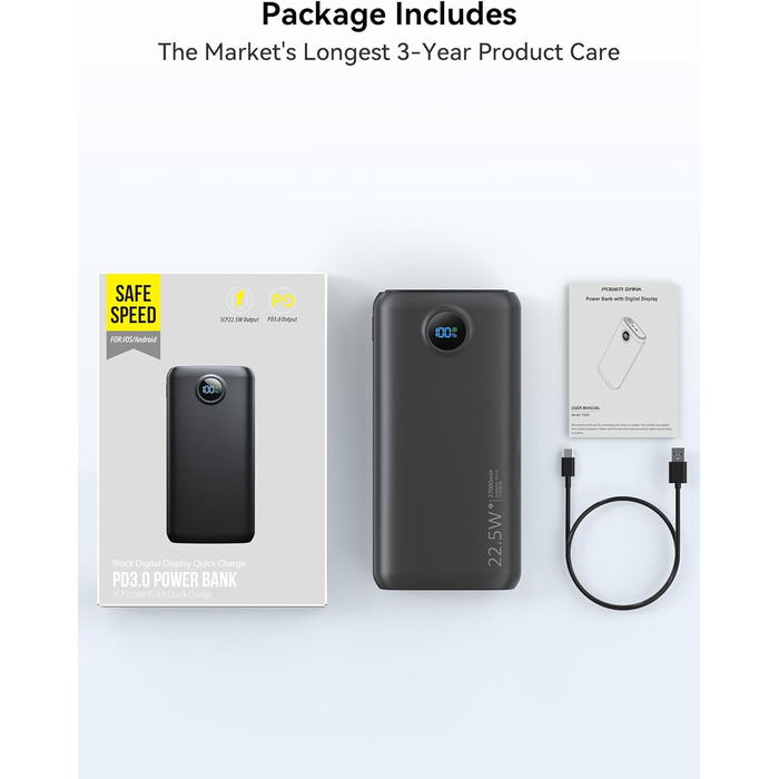 Потужний Power Bank 27000mAh 22.5W з підтримкою PD 3.0 та QC 4.0, зовнішній акумулятор USB-C зі швидкою зарядкою та LED-дисплеєм для iPhone, Samsung, iPad та смартфонів