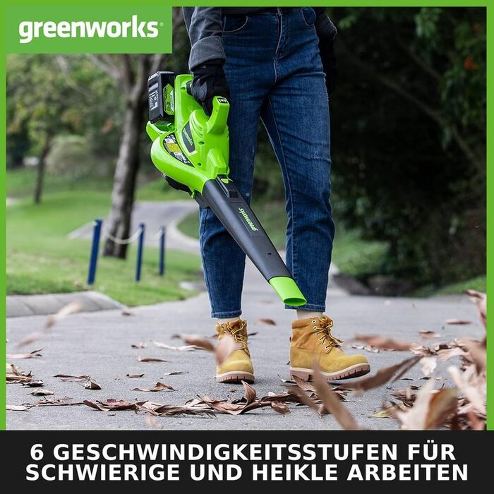 Акумуляторний садовий пилосос-воздуходув Greenworks 48В (2x24В), безщітковий двигун, 322 км/год, 9 м³/хв, мішок 45 л, без акумуляторів та зарядного, ремінь, 3 роки гарантії, GD24X2BV