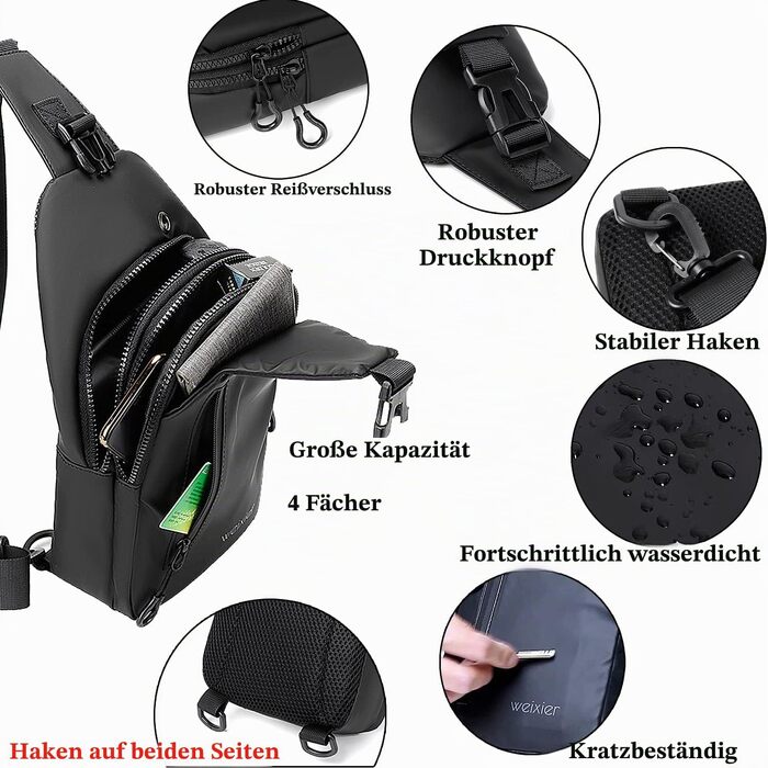 Чоловіча сумка-слінг через плече Crossbody: водонепроникна нагрудна сумка для прогулянок, їзди на велосипеді та роботи (Чорна)