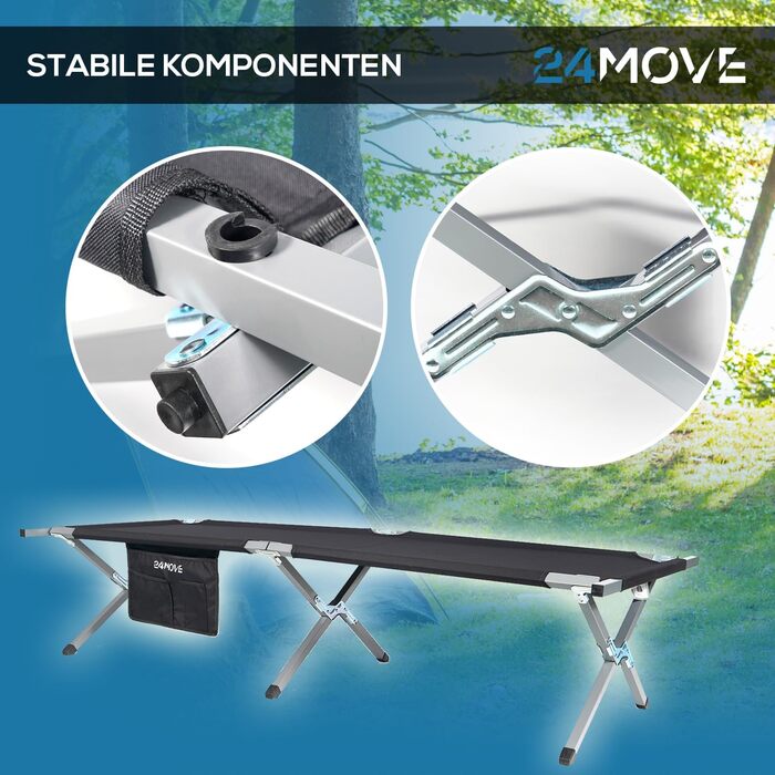 Розкладне ліжко для кемпінгу 24MOVE® - чорне, 210x72 см, до 200 кг, для відпочинку на природі та вдома