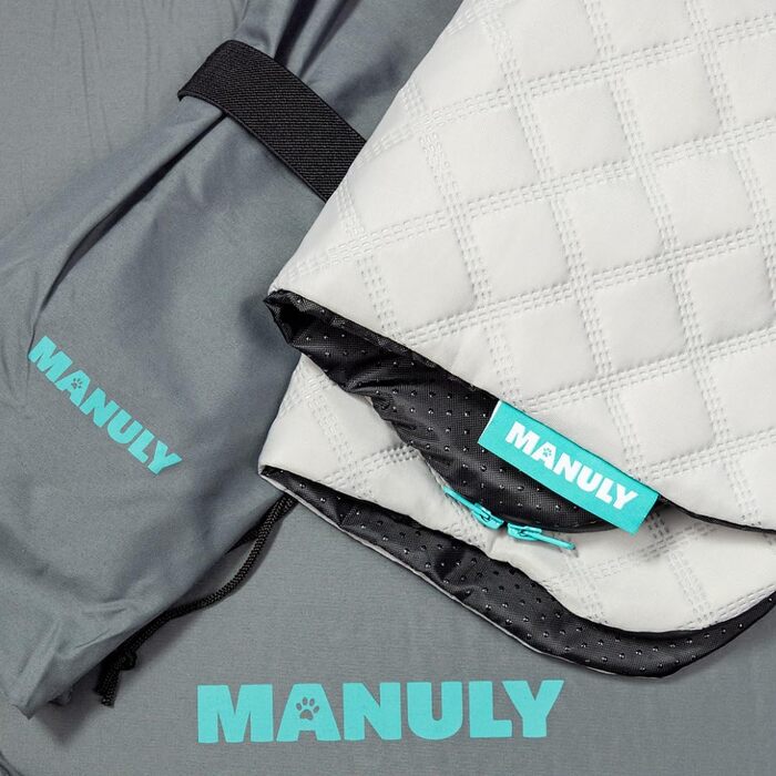 Підстилка для собак у подорожі, комплект: килимок, водовідштовхувальний чохол з м'якого матеріалу, сумка для перенесення, придатна для прання, знімний чохол, 100x70x3,5 см, 1080 г (M, Сіро-аквамарин)