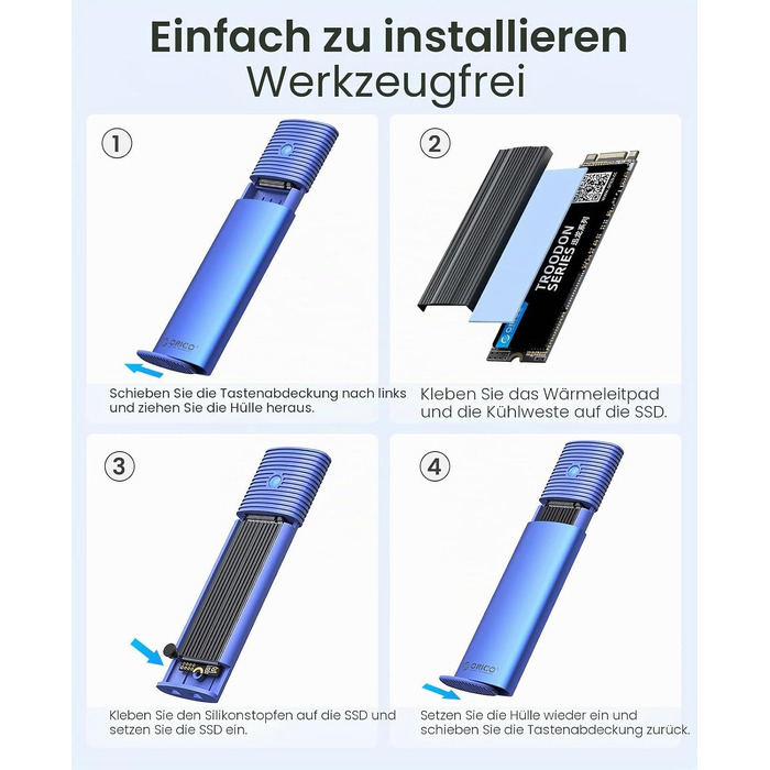 Зовнішній корпус-адаптер ORICO M.2 NVMe та SATA SSD (USB 3.2 Gen 2, 10Gbps), алюмінієвий кейс для SSD 2230/2242/2260/2280, B+M Key, UASP, Trim, без інструментів — PWDM2-BK (Синій)