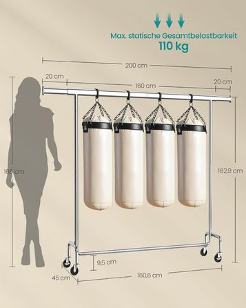 SONGMICS Clothes Rack on Wheels, Coat Rack, Heavy-Duty, Extendable Clothes Rod, Load Capacity up to 110 kg, 45 x (160-200) x 162.9 cm, Metal, Chrome, Silver HSR176E01