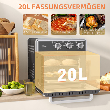 HOMCOM 20L Convection Mini Oven with Baking Tray, Grill Rack, and Crumb Tray, 90°C-230°C Air Fryer with 5 Modes, Frying Basket, 60 Min. Timer, 1400W, Metal | Aosom