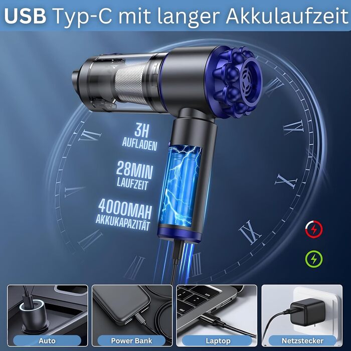 Steinborg® Акумуляторний ручний пилосос 7-в-1 з турбо-режимом 16000Pa, для дому, авто та тварин, з LED підсвіткою та 7 насадками