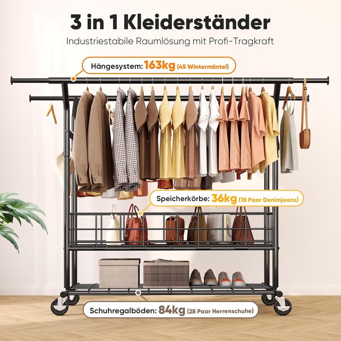 Підставка для одягу HOKEEPER на коліщатках, важка, з подвійною перекладиною, до 283 кг, D004K