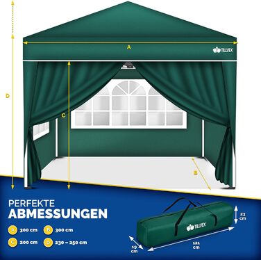 Waterproof Gazebo | Pop-Up Folding Gazebo, Adjustable Height | Garden Tent with UV Protection 50+ | Party Tent with Bag for Garden (3x3m - with 4 Side Walls, Green)