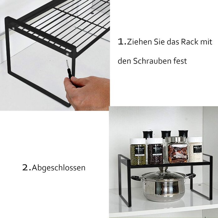 KZOBYD Expandable Kitchen Shelf, Foldable Kitchen Cabinet Shelf Spice Rack Organizer for Dishes and Supplies Stackable Kitchen Storage Organizer for Extra Storage Space (White, ) (Black, M)