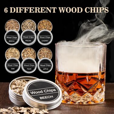 Набір для копчення коктейлів та віскі – 6 видів деревини, ліхтарик, генератор диму – без бутану (продається окремо), класичний набір