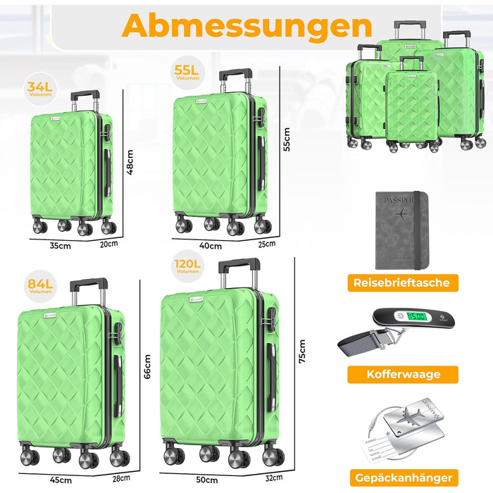 Набір валіз KESSER® 4 шт. | ABS валізи з кодовим замком, ваговою системою та органайзером для подорожей | Ручна та велика поїздка, бізнес та валіза-тележка (яблучно-зелений)