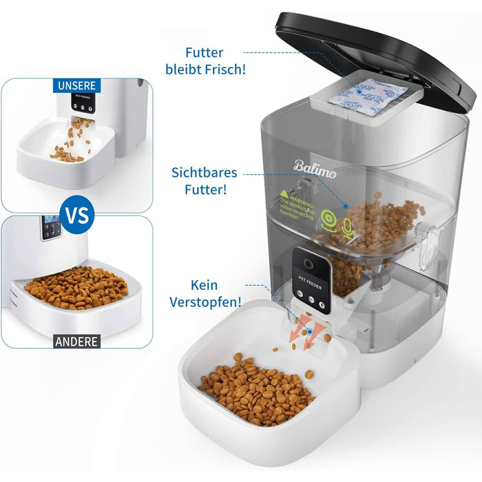 Автомат годування котів Balimo з HD 1080P відео, Wi-Fi, APP-керування та нічне бачення, 4L, нержавійна чаша, 8 прийомів їжі на день, білий